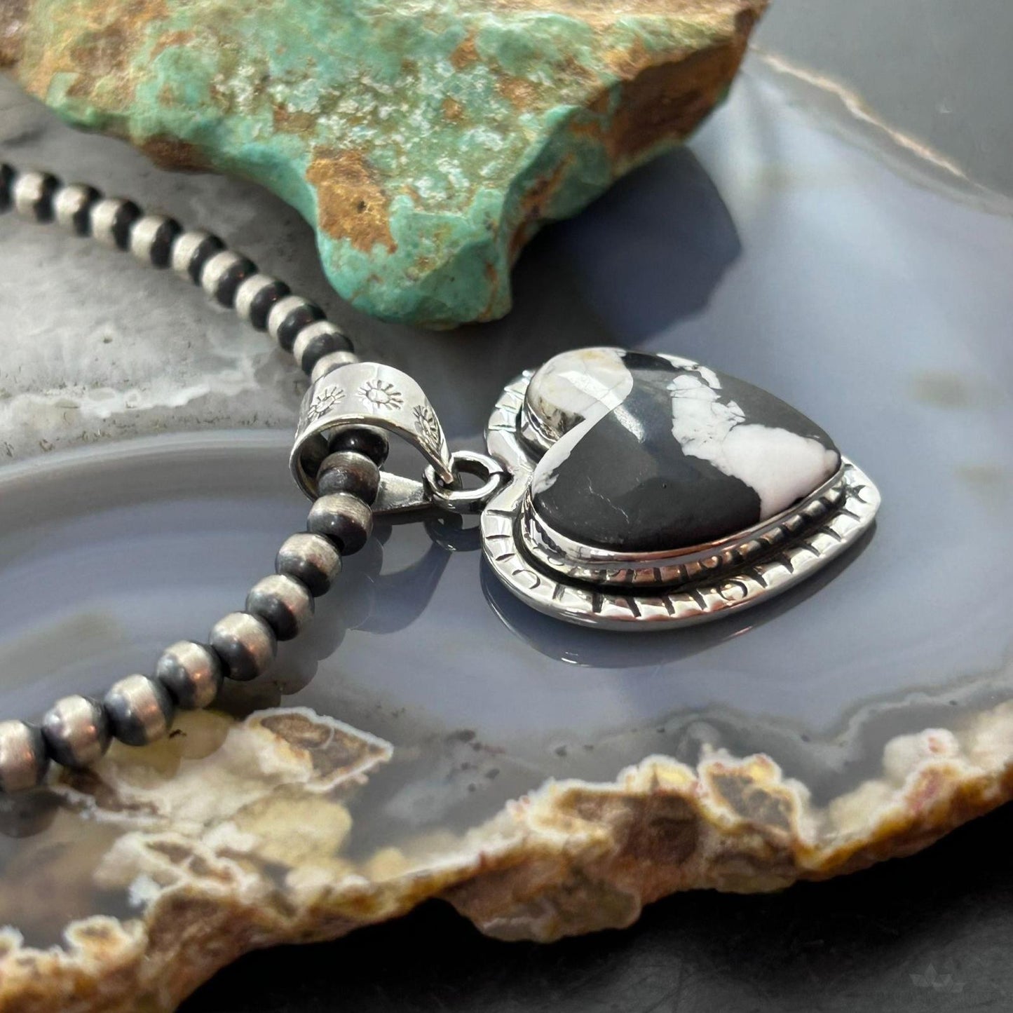 Sterling Silver Southwestern Style White Buffalo Decorated Heart Pendant For Women