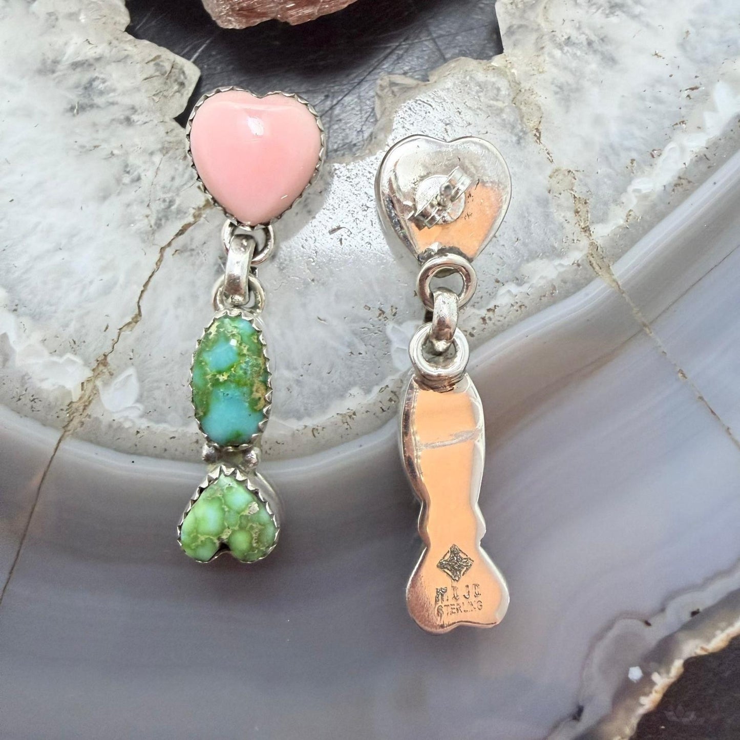Sterling Silver Southwestern Style Sonora Gold Turquoise & Pink Conch Dangle Earrings For Women