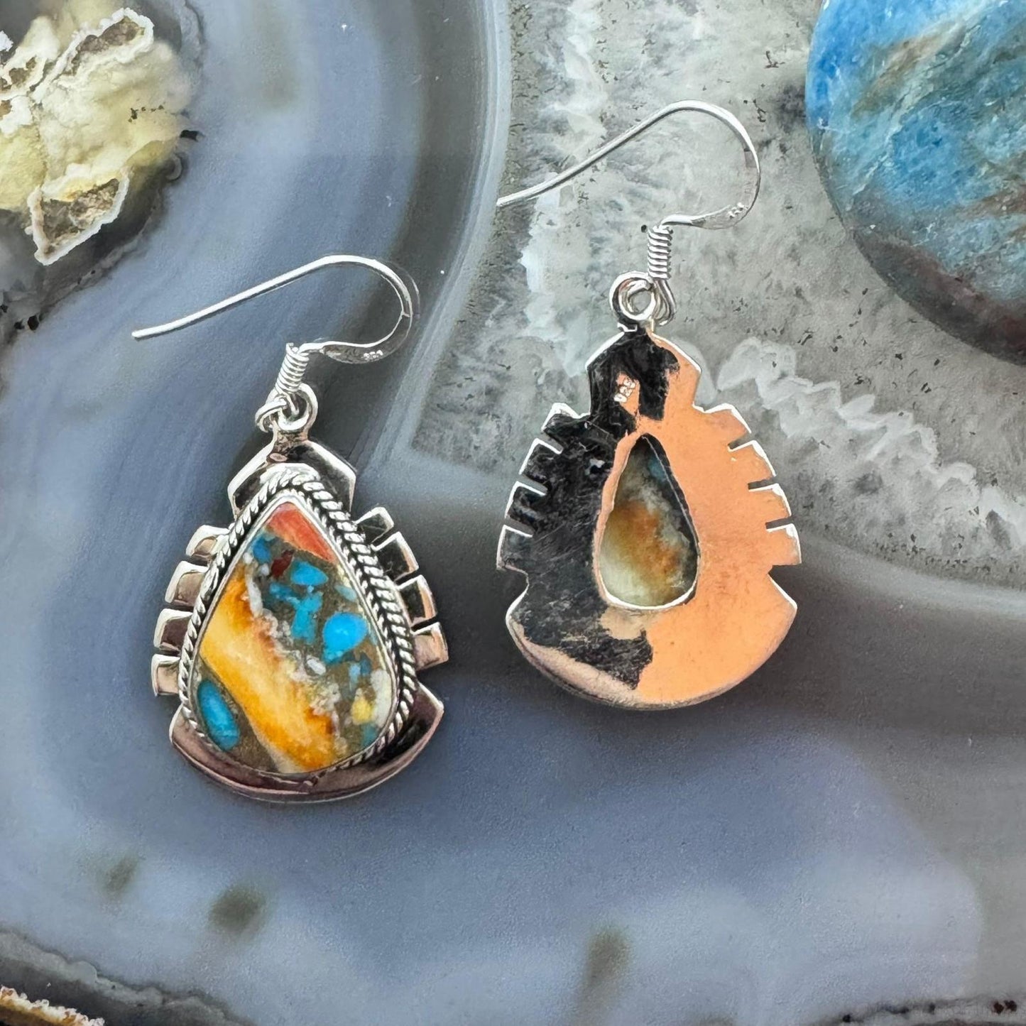 Sterling Silver Southwestern Style Teardrop Spiny & Turquoise Dangle Earrings For Women