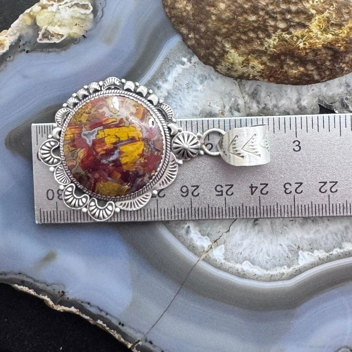 Sterling Silver Southwestern Style Round Red Moss Agate Decorated Pendant For Women