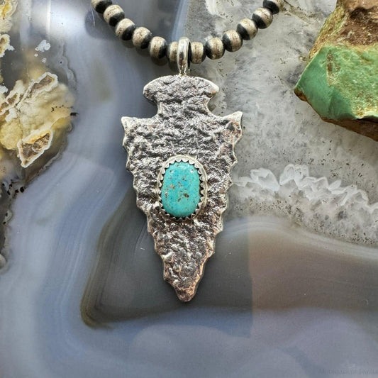 Gary Custer Native American Navajo Sterling Silver Tufa Cast Turquoise Arrowhead Unisex Pendant #2