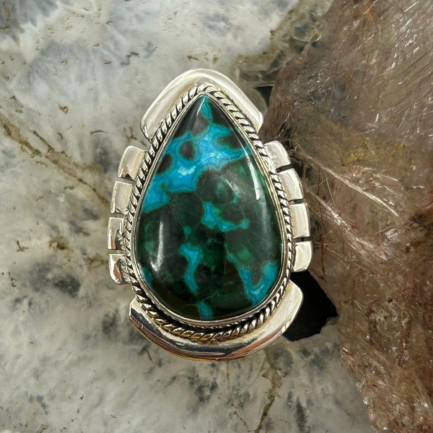 Sterling Silver Southwestern Style Teardrop Malachite Chrysocolla Ring Size 9 For Women