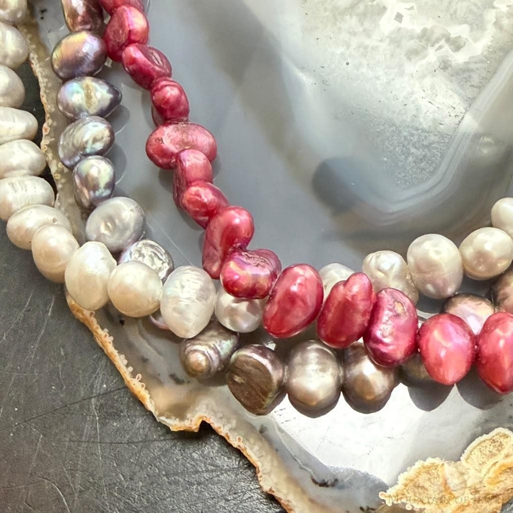 Sterling Silver 3 Strands Pink,Black,Gray Freshwater Pearl 17'-19" Necklace