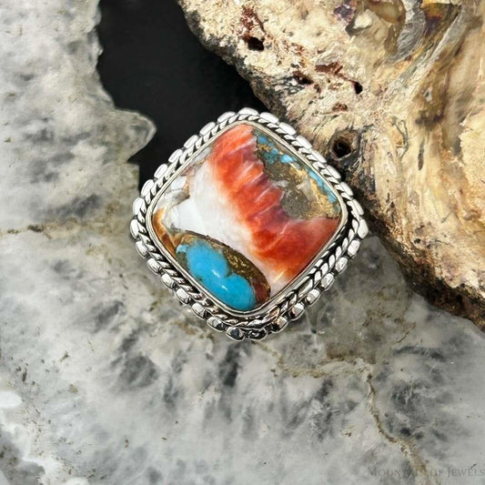 Sterling Silver Southwestern Style Square Spiny Oyster Turquoise Ring Size 6.75 For Women