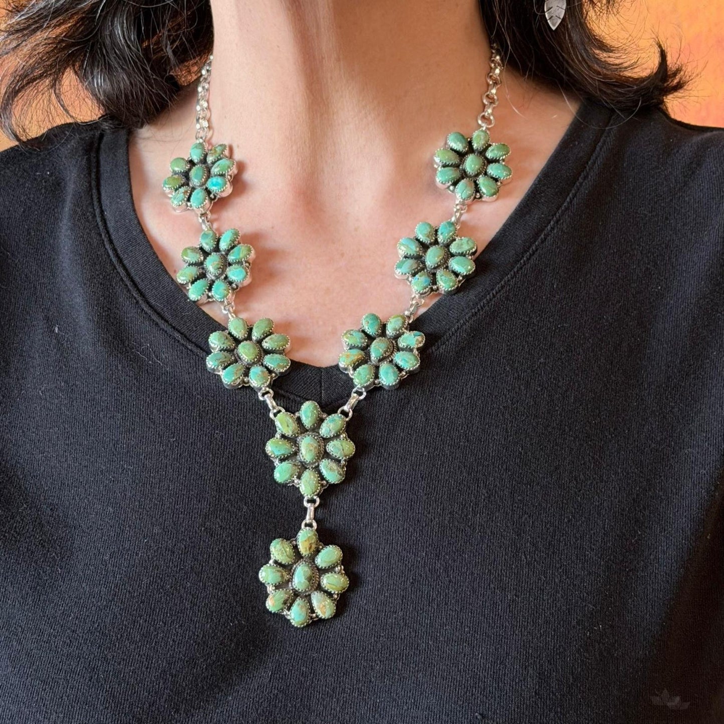 Sterling Silver Southwestern Style Mohave Turquoise 8 Cluster 19" Necklace For Women