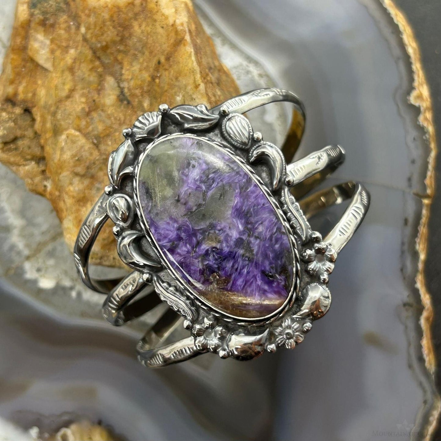 Sterling Silver Southwestern Style Oval Charoite Decorated Bracelet For Women