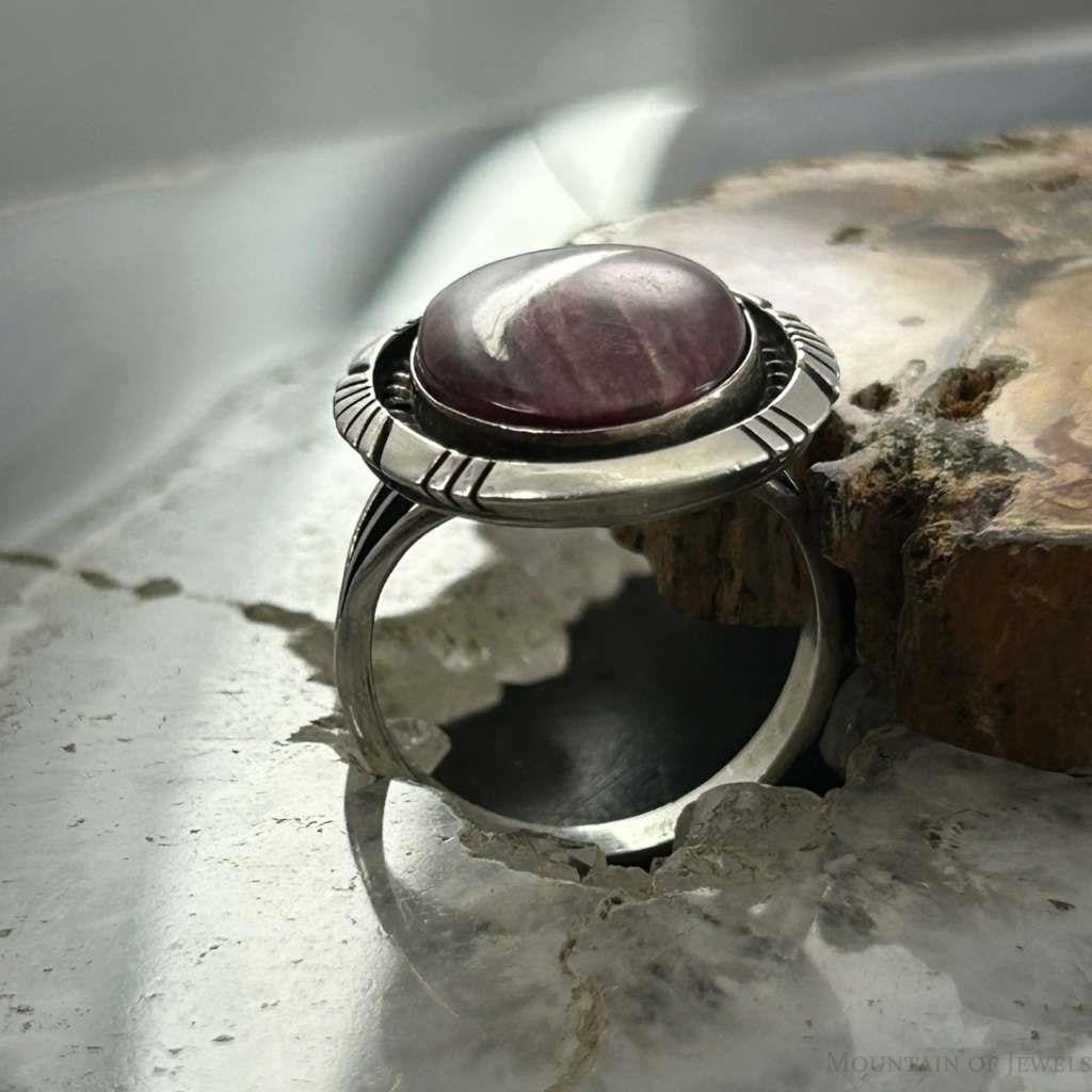 Robert Shakey Native American Sterling Silver Oval Spiny Oyster Decorated Ring Size 9 For Women