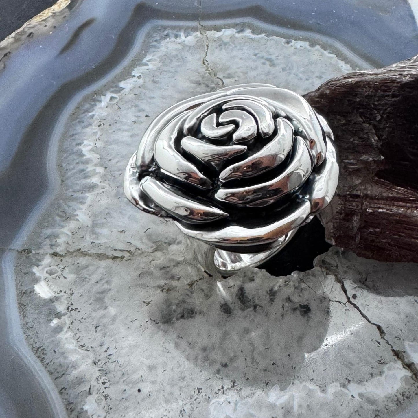 Sterling Silver Electroform Large Rose Fashion Ring For Women, Taxco Mexico