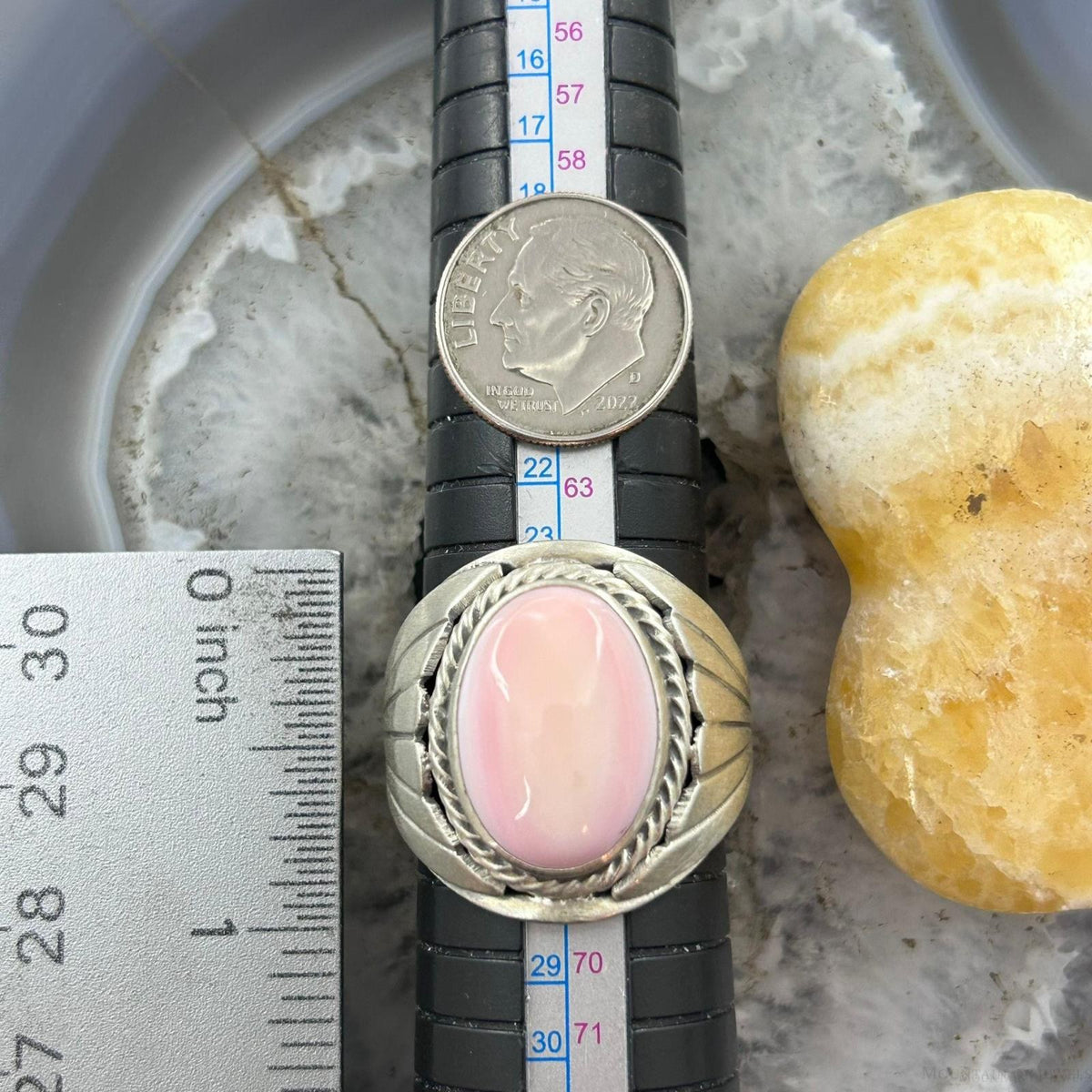 Native American Sterling Oval Pink Conch Decorated Shield Ring Size 11.75 For Men