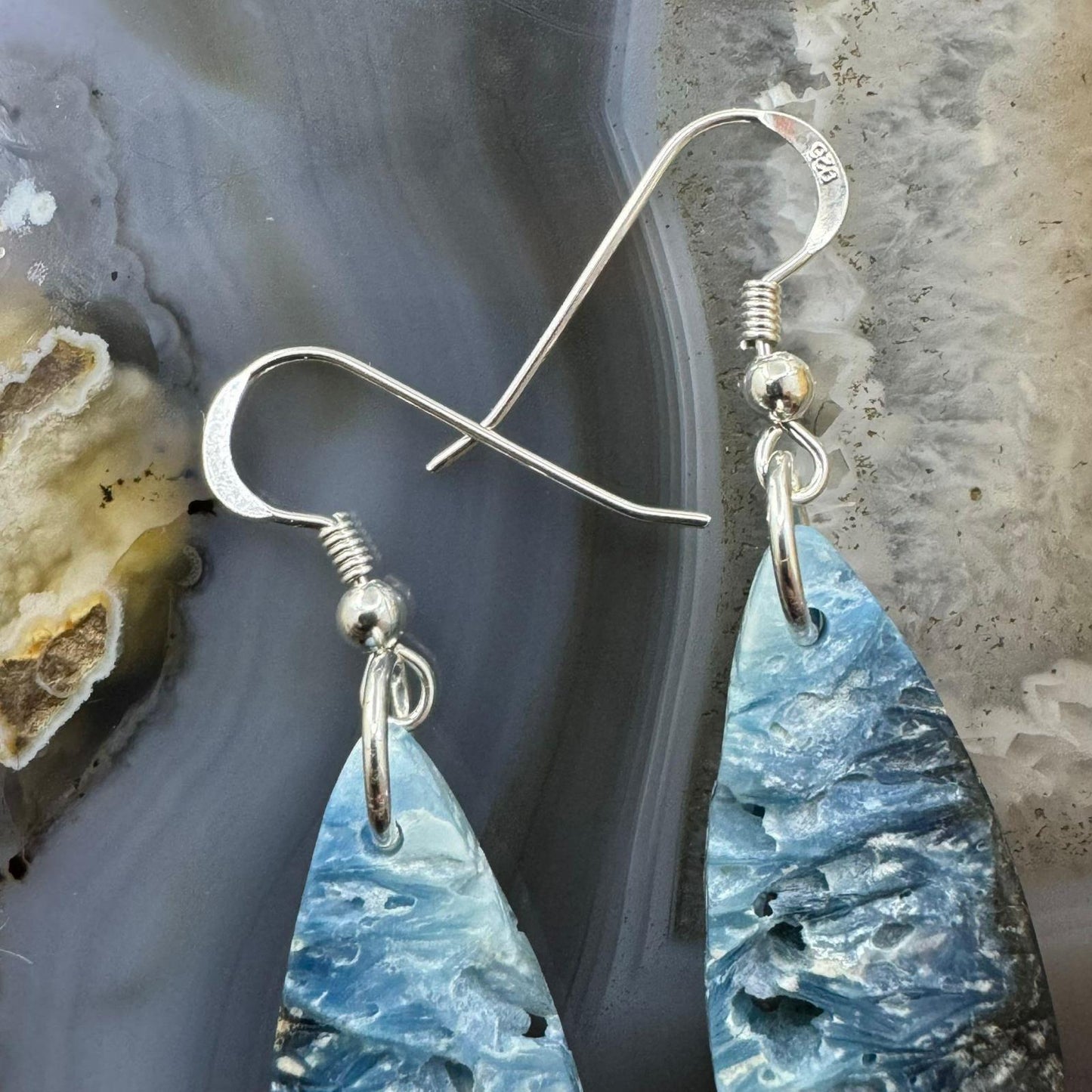 Sterling Silver Elongated Teardrop Blue Ice Jasper Slab Dangle Earrings For Women #205