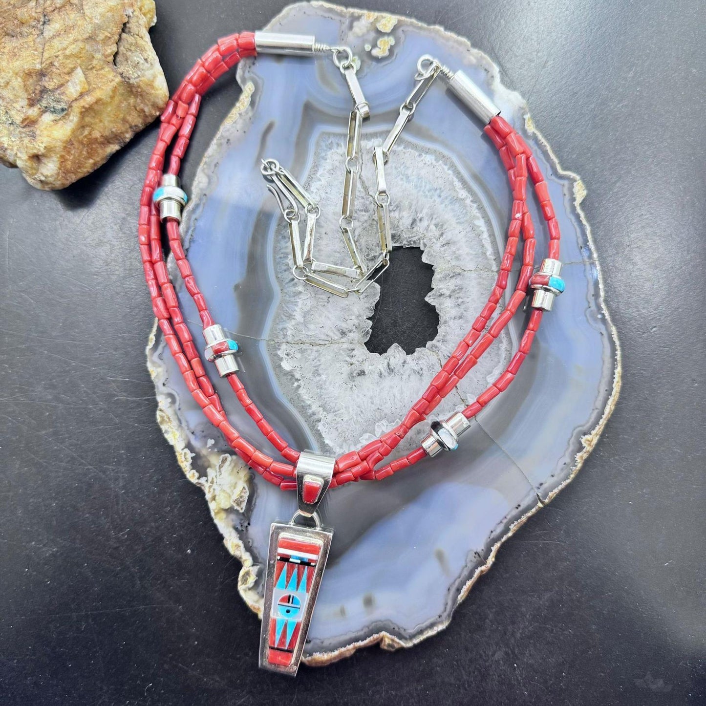 Rayland & Patty Edaakie Zuni Sterling Silver Coral & Multi Gemstone Inlay Pendant w/ Necklace For Women