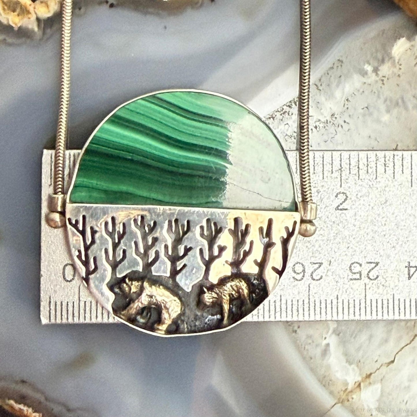 Sterling Silver Malachite With Two Bears In A Forest 20" Necklace For Women