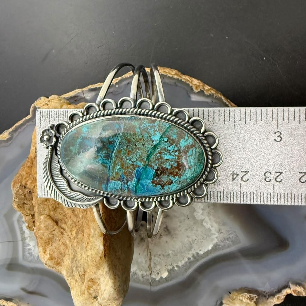 Sterling Silver Southwestern Style Oval Chrysocolla Decorated Bracelet For Women