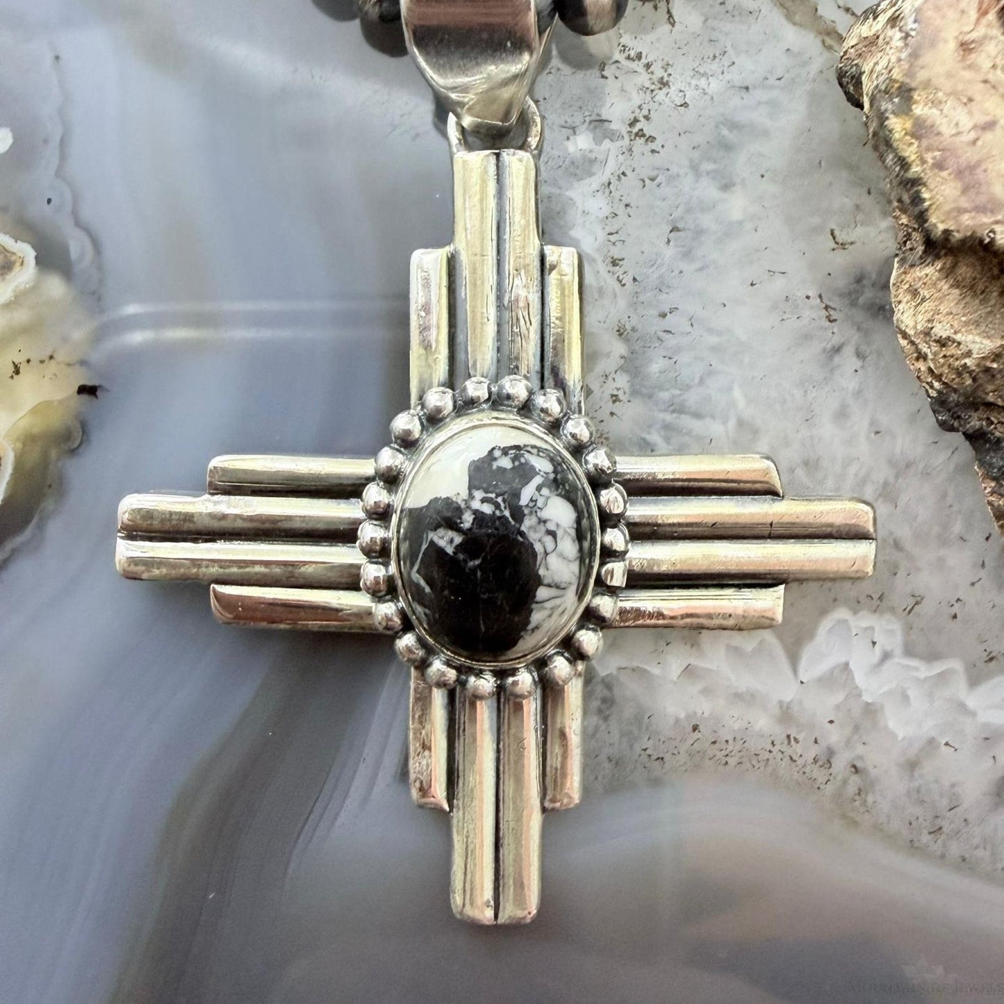 Sterling Silver Southwestern Style Oval White Buffalo Unisex Zia Pendant