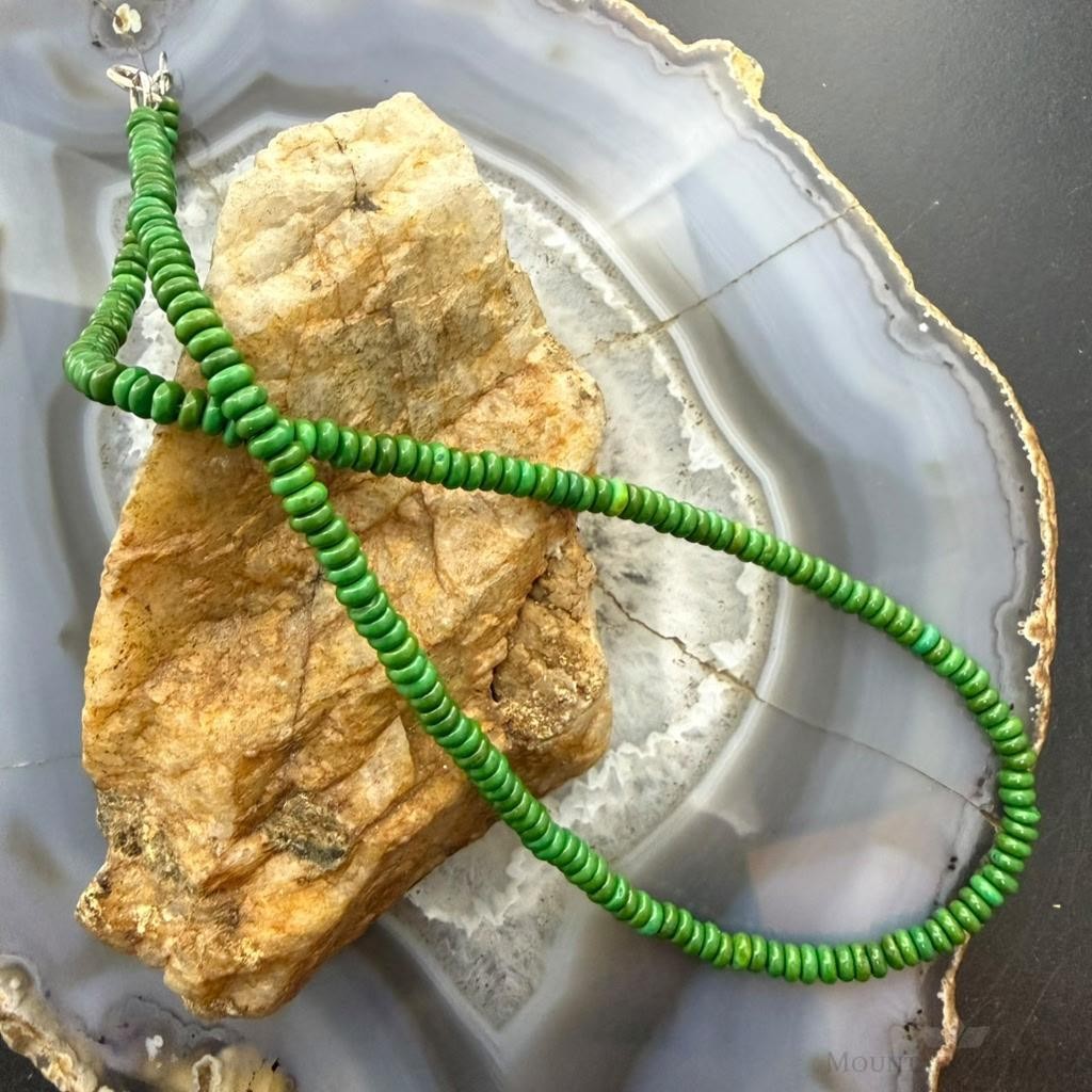 Sterling Silver Southwestern Style Round Green Turquoise Beads 16" Necklace For Women
