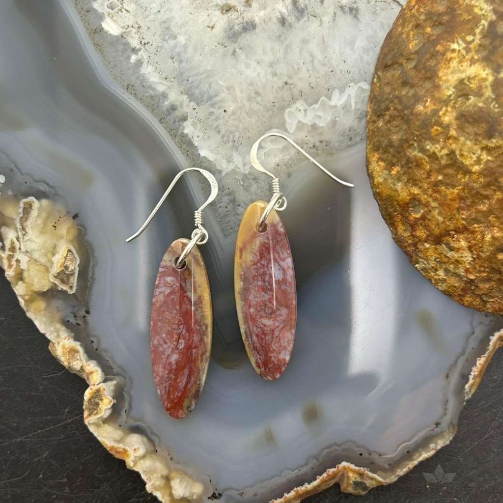 Sterling Silver Oval Plum Moss Agate Slab Dangle Earrings For Women #533