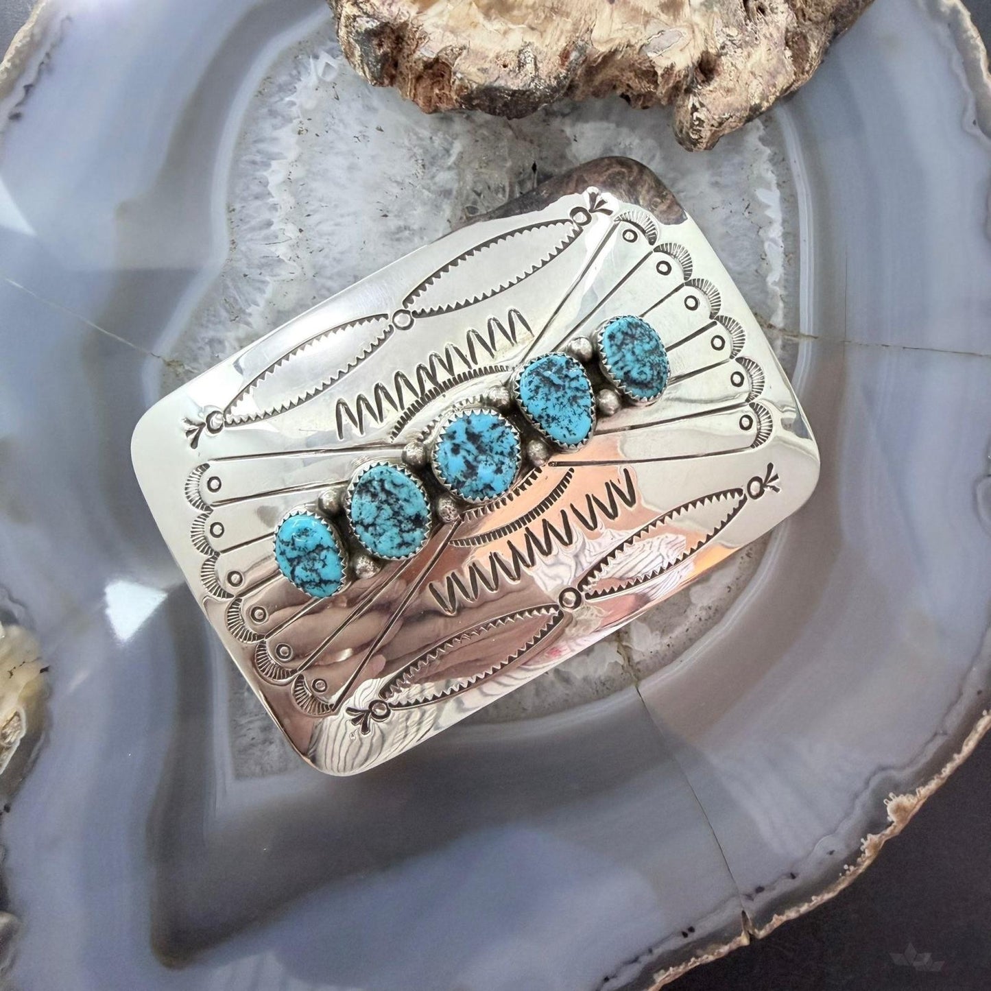 Joann Begay Native American Sterling Silver 5 Turquoise Stamped Belt Buckle For Men