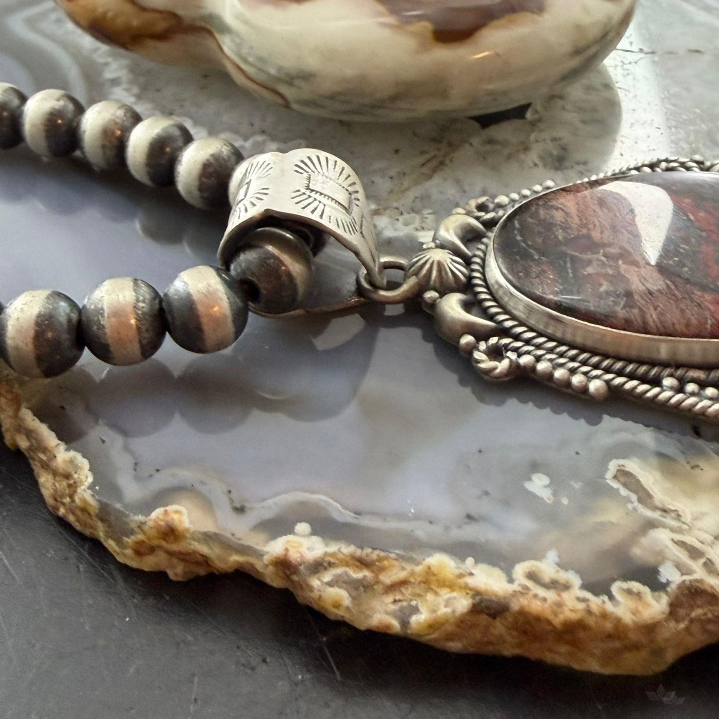 Sterling Silver Southwestern Style Oval Dendritic Jasper & Turquoise Pendant For Women