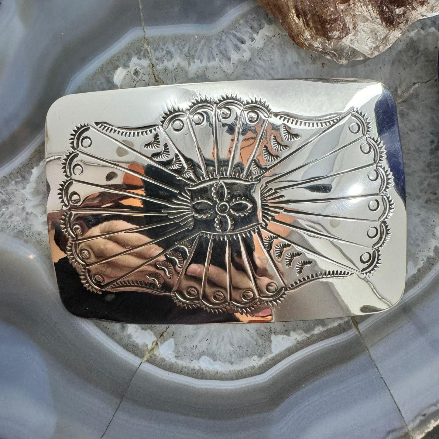 Native American Sterling Silver Stamped Rectangle Belt Buckle For Men