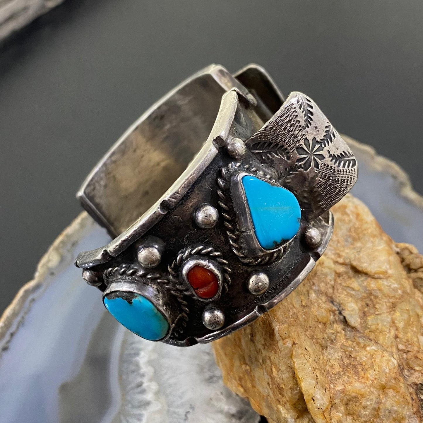 Vintage Native American Silver Turquoise & Coral Heavy Watch Bracelet For Men