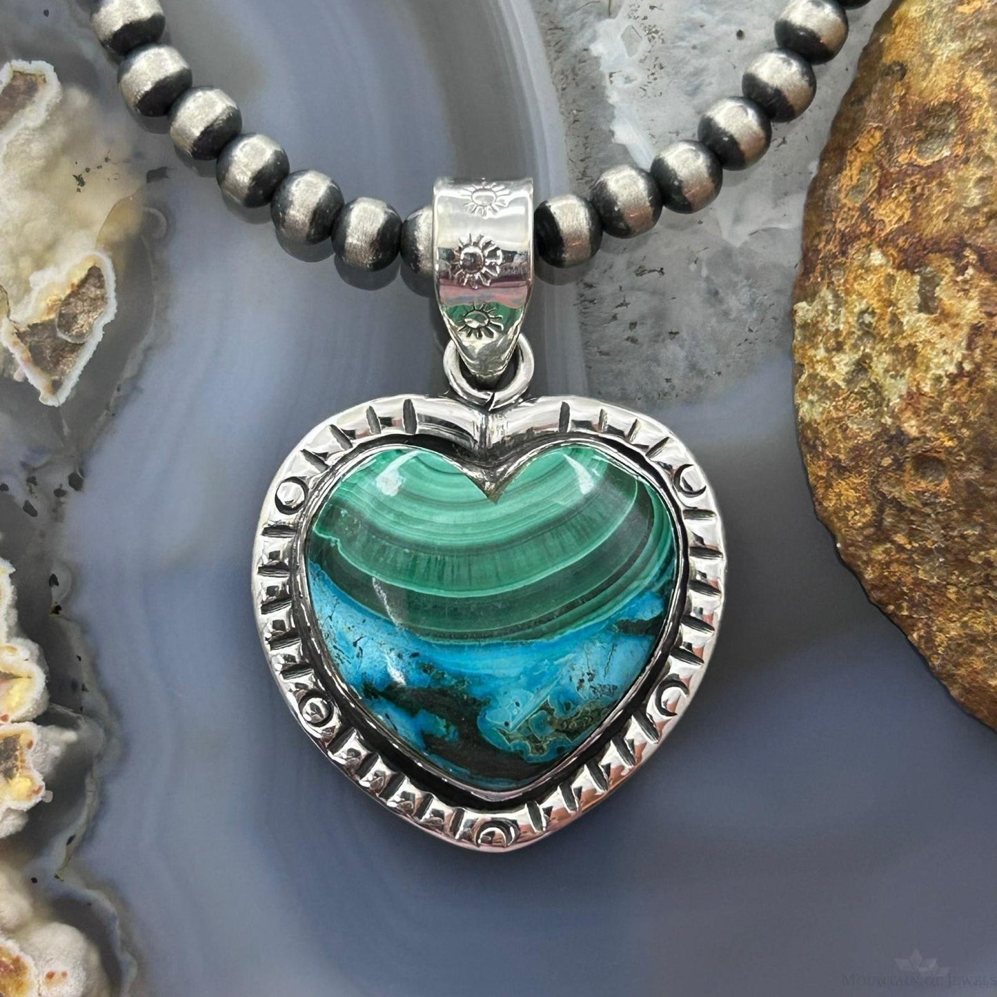 Sterling Silver Southwestern Style Azurite Malachite Heart Decorated Pendant For Women