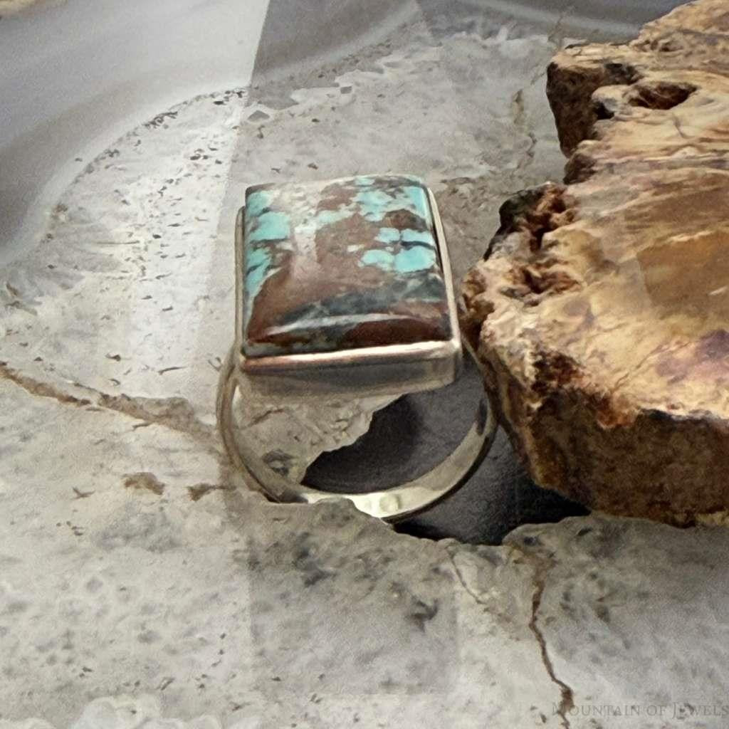 Sterling Silver Southwestern Style Rectangle Turquoise Ring Size 7.5 For Women