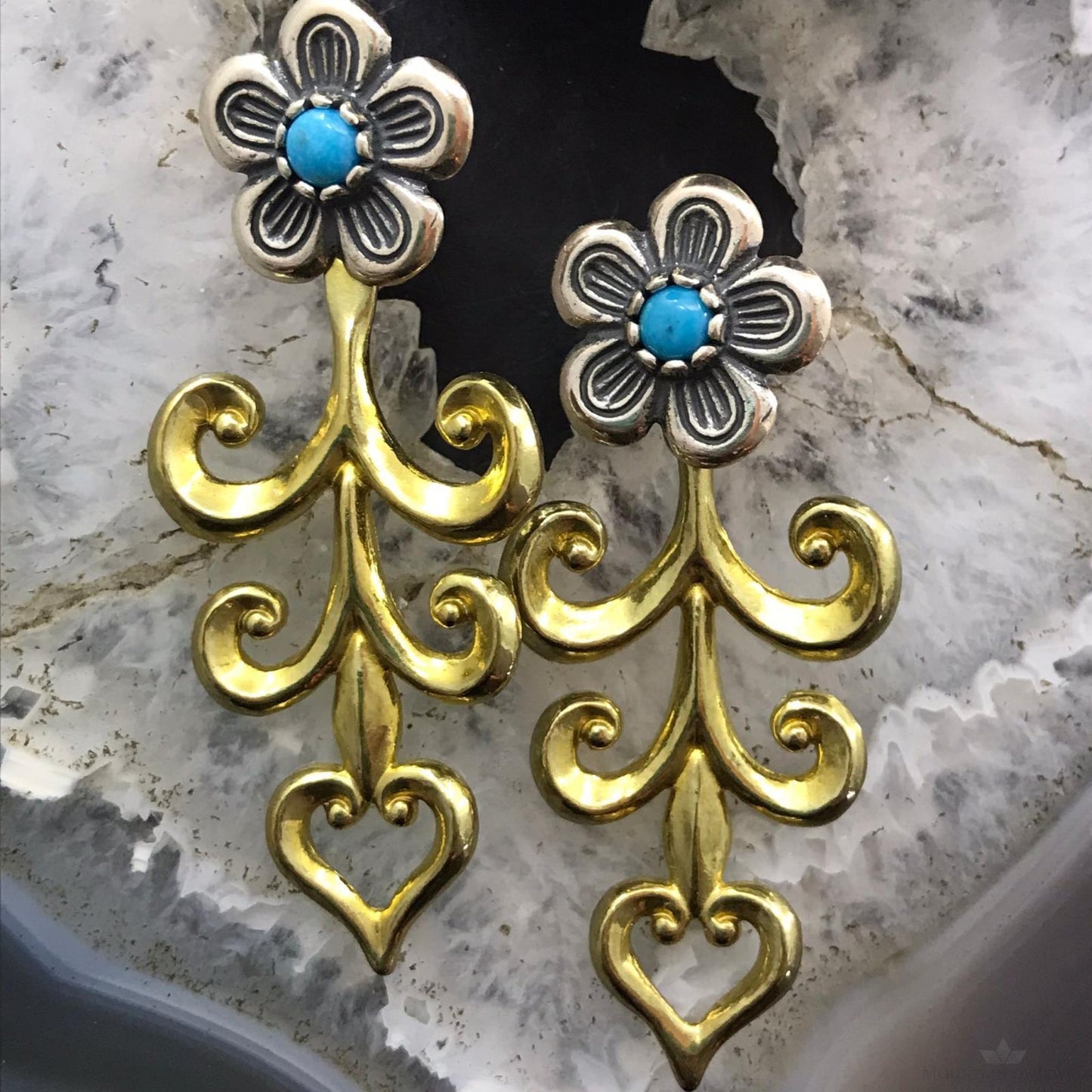 Carolyn Pollack Sterling Silver & Brass Turquoise Dot Flower Dangle Earrings For Women