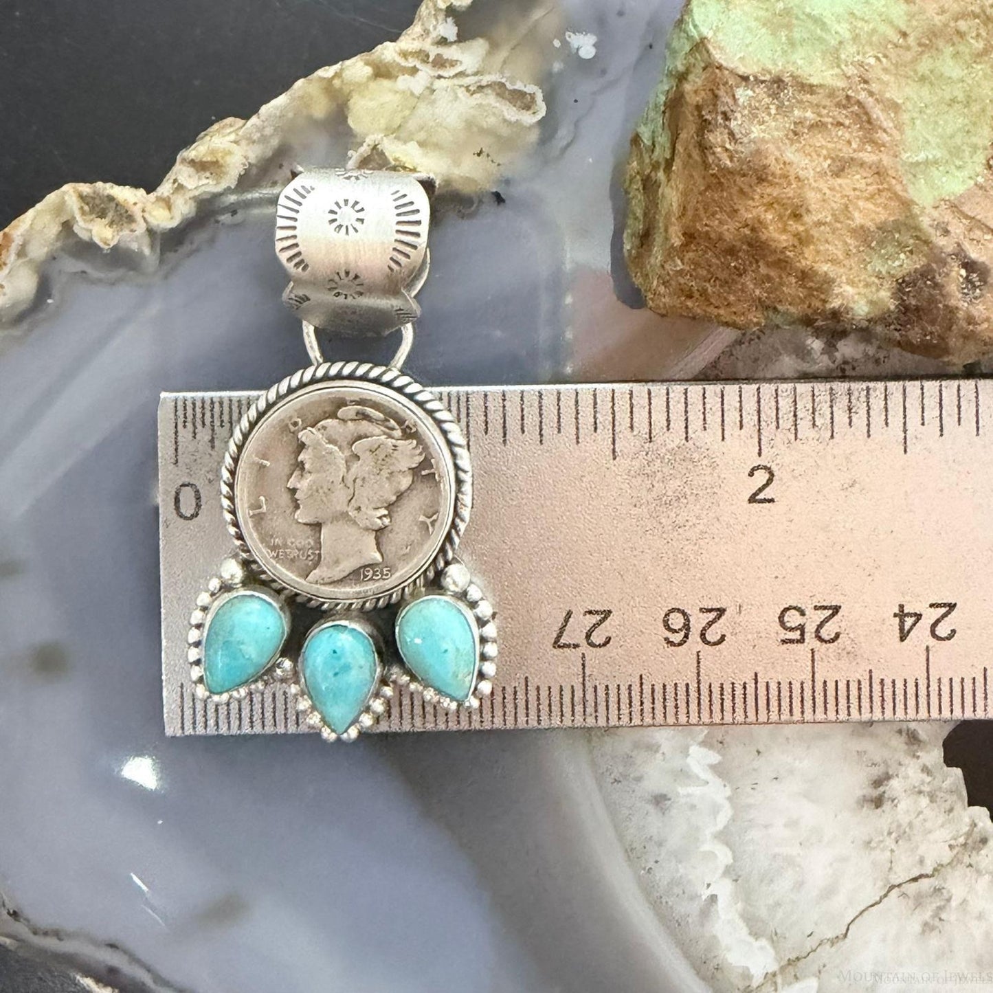 Genuine 1935 Silver 90% Silver Mercury Dime Coin Mohave Turquoise Unisex Sterling Silver Pendant