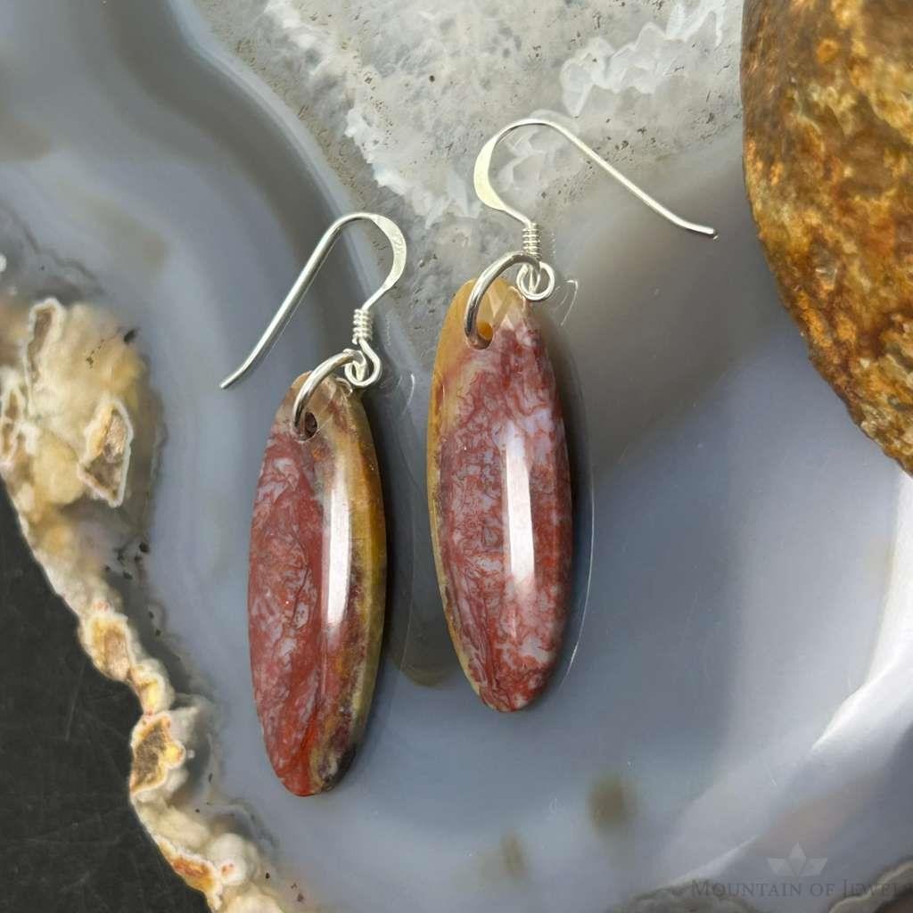 Sterling Silver Oval Plum Moss Agate Slab Dangle Earrings For Women #533