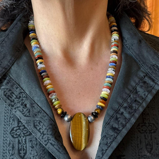 Carolyn Pollack Multi-Gemstone Rondelles Beads w/Large Oval Tiger's Eye Necklace