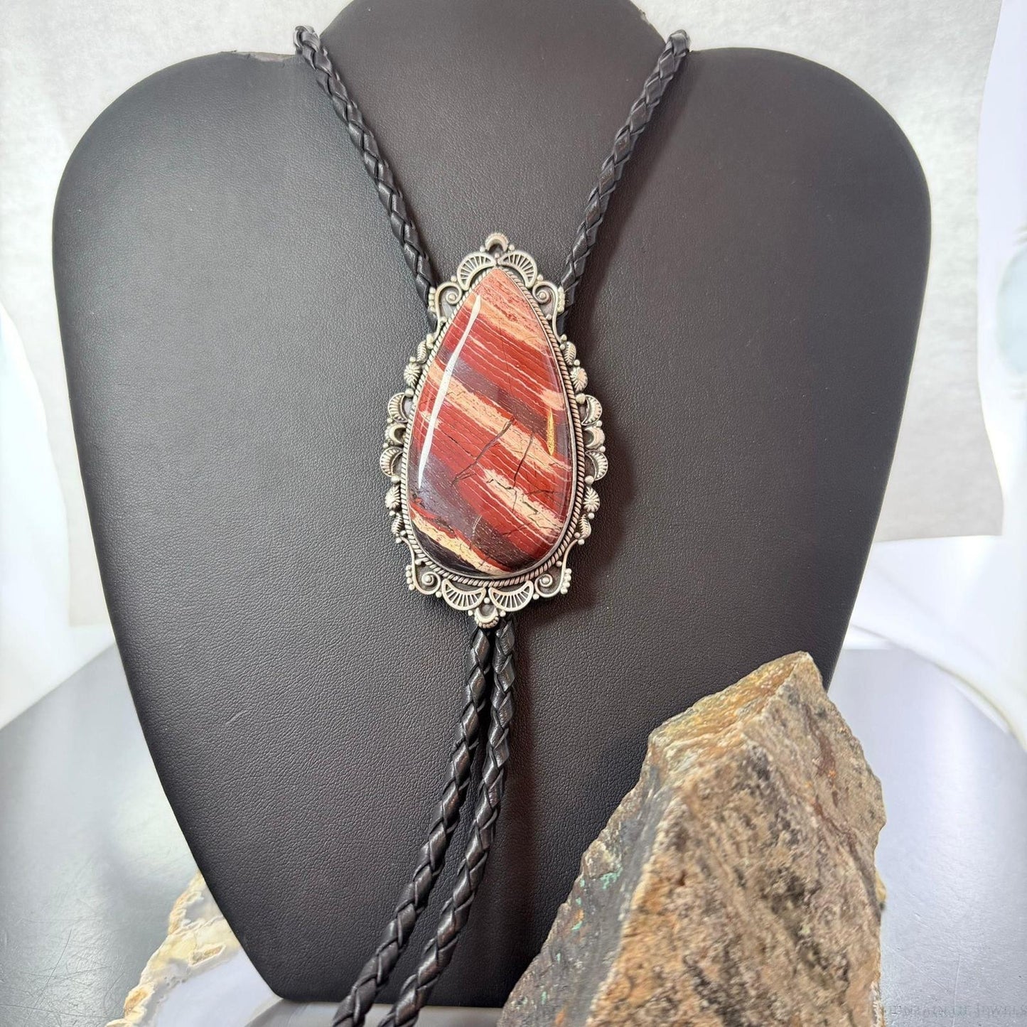 Sterling Silver Southwestern Style Large Snake Skin Jasper Bolo Tie For Men