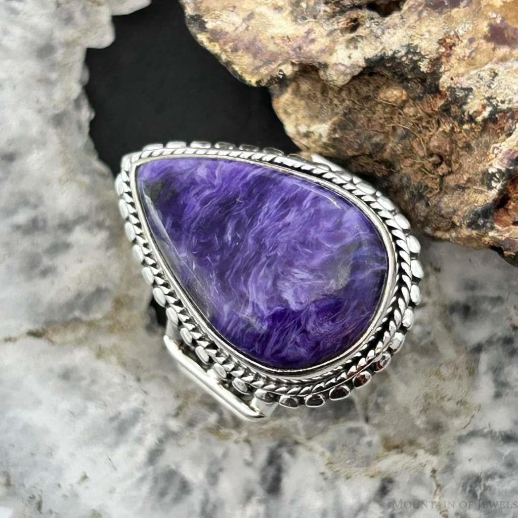 Sterling Silver Southwestern Style Teardrop Charoite Decorated Ring Size 7.5 For Women