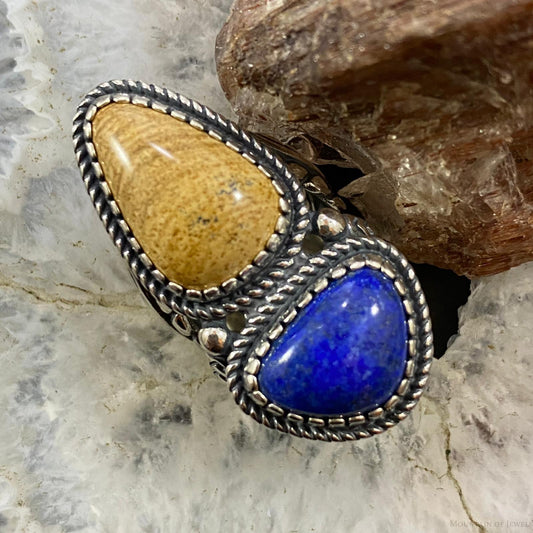 Carolyn Pollack Southwestern Style Sterling Silver Picture Jasper/Lapis Decorated Ring For Women