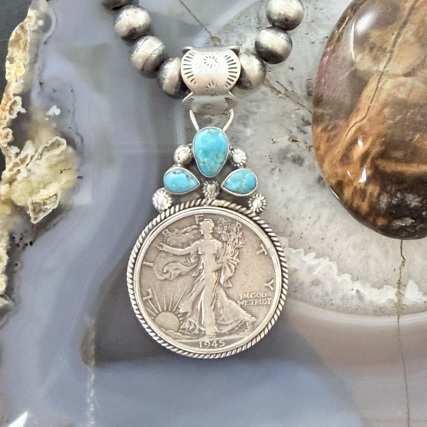 Genuine 1945 90% Walking Liberty Half Dollar Coin Turquoise Decorated Pendant