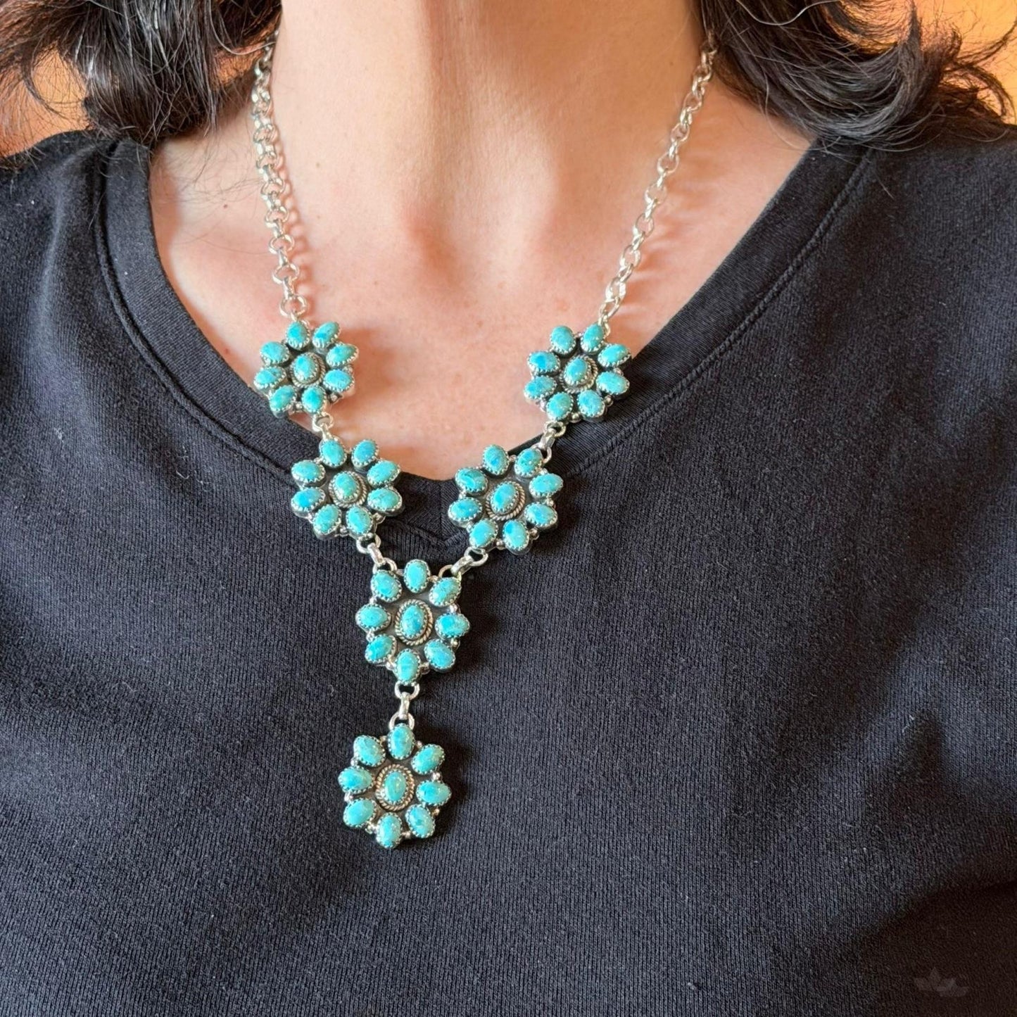 Sterling Silver Southwestern Style Turquoise 6 Cluster 19" Necklace For Women
