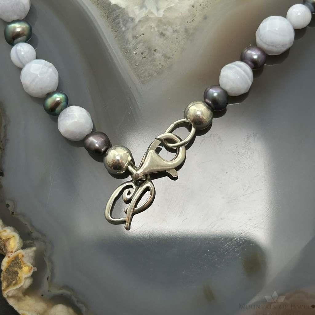 Carolyn Pollack Sterling Silver  Blue Lace Agate &Eggplant Pearl Bead Necklace For Women