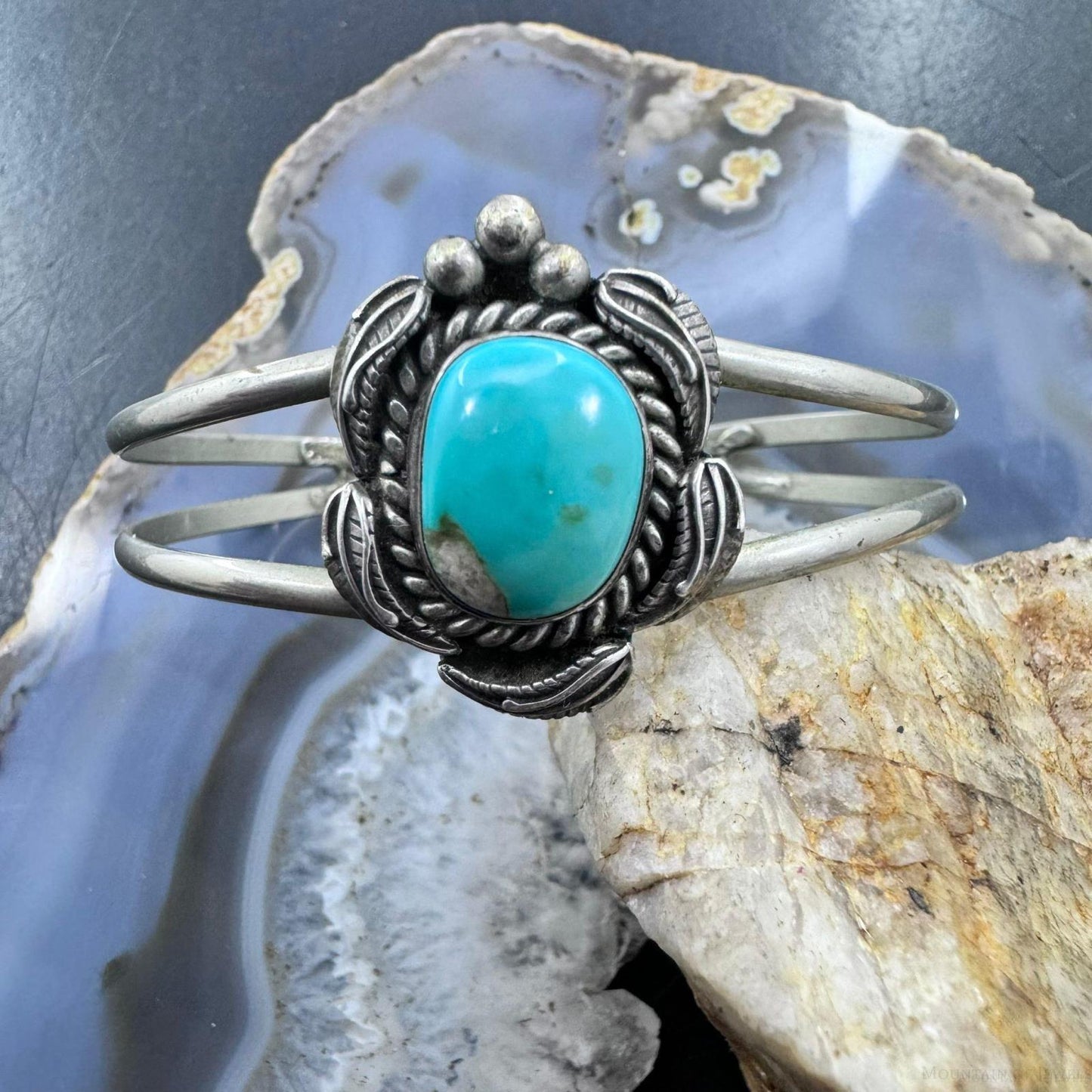 Vintage Native American Silver Natural Turquoise Split Shank Bracelet For Women