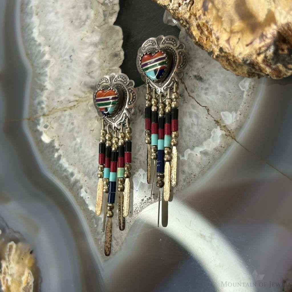 Q.T Quoc Vintage Sterling Sillver Multistone Inlay Heart Dangle Earrings For Women