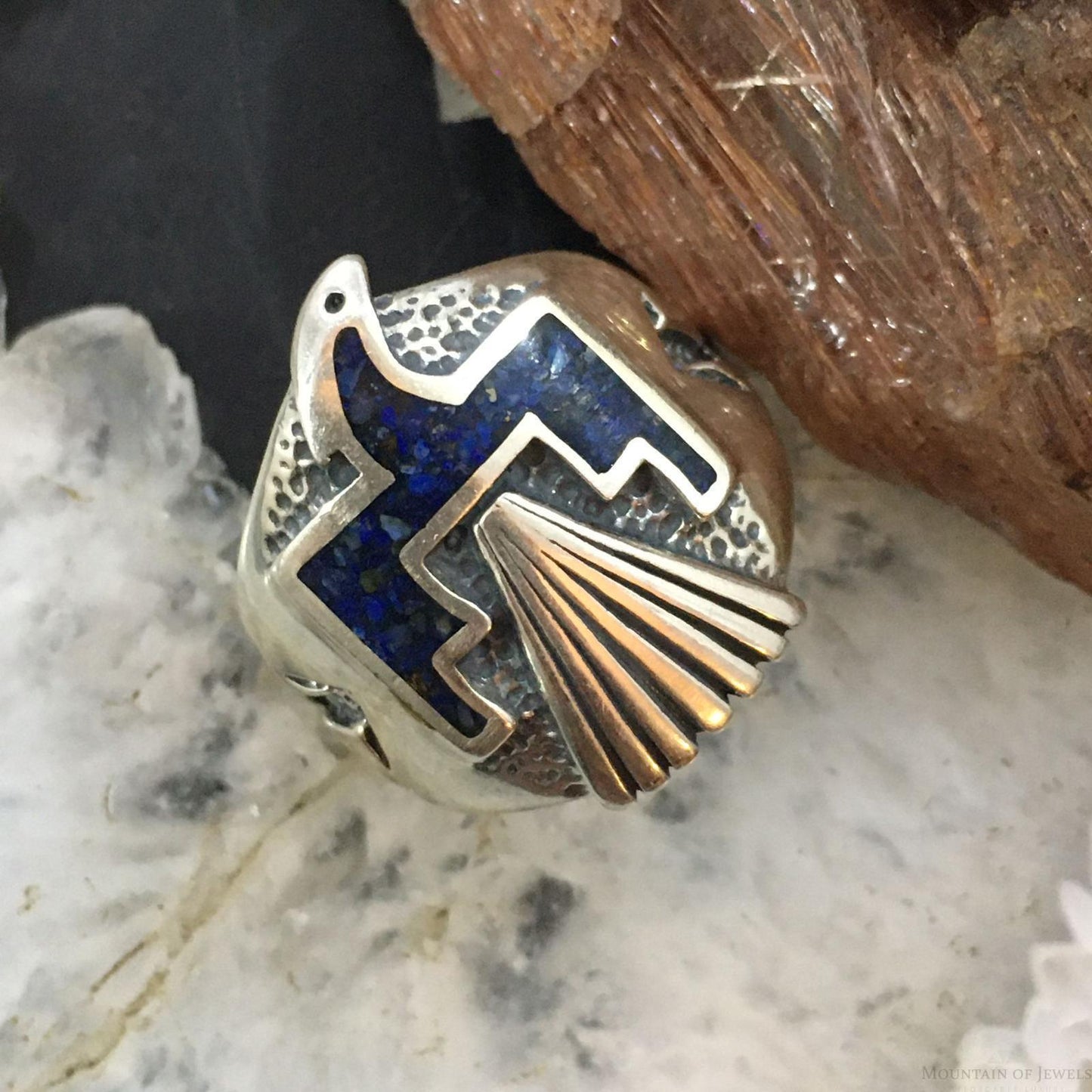 Carolyn Pollack Southwestern Style Sterling Silver Lapis Chip Inlay Thunderbird Ring For Women