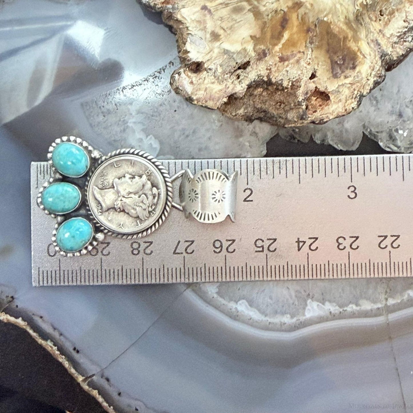 Genuine 1944 90% Silver Mercury Dime Coin w/Oval Turquoise Decorated Unisex Pendant