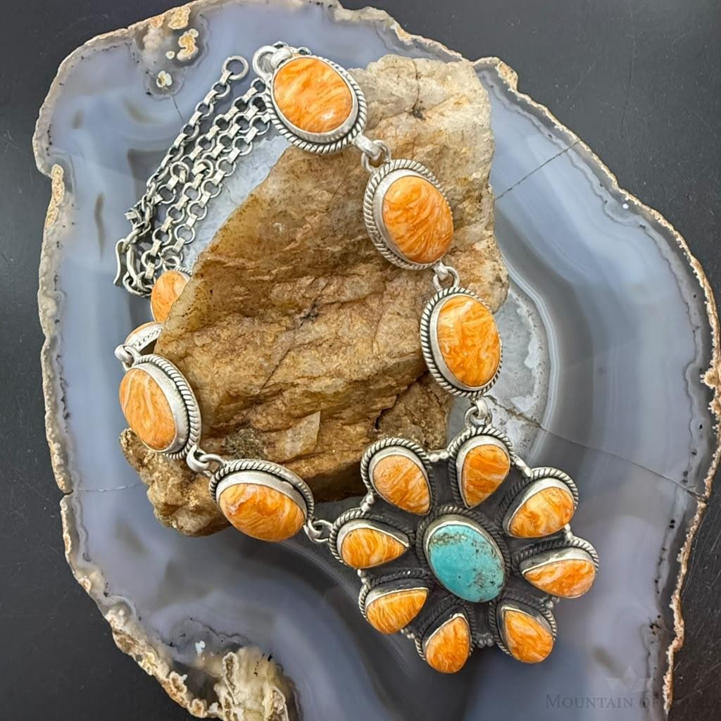 Sterling Silver Southwestern Style Spiny Oyster & Turquoise Cluster Lariat 22" Necklace For Women