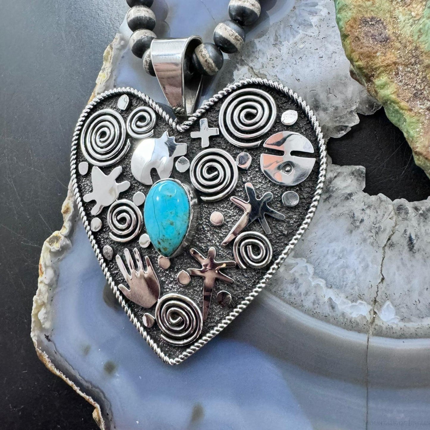 Alex Sanchez Sterling Silver Turquoise Petroglyph Heart Shape Pendant For Women