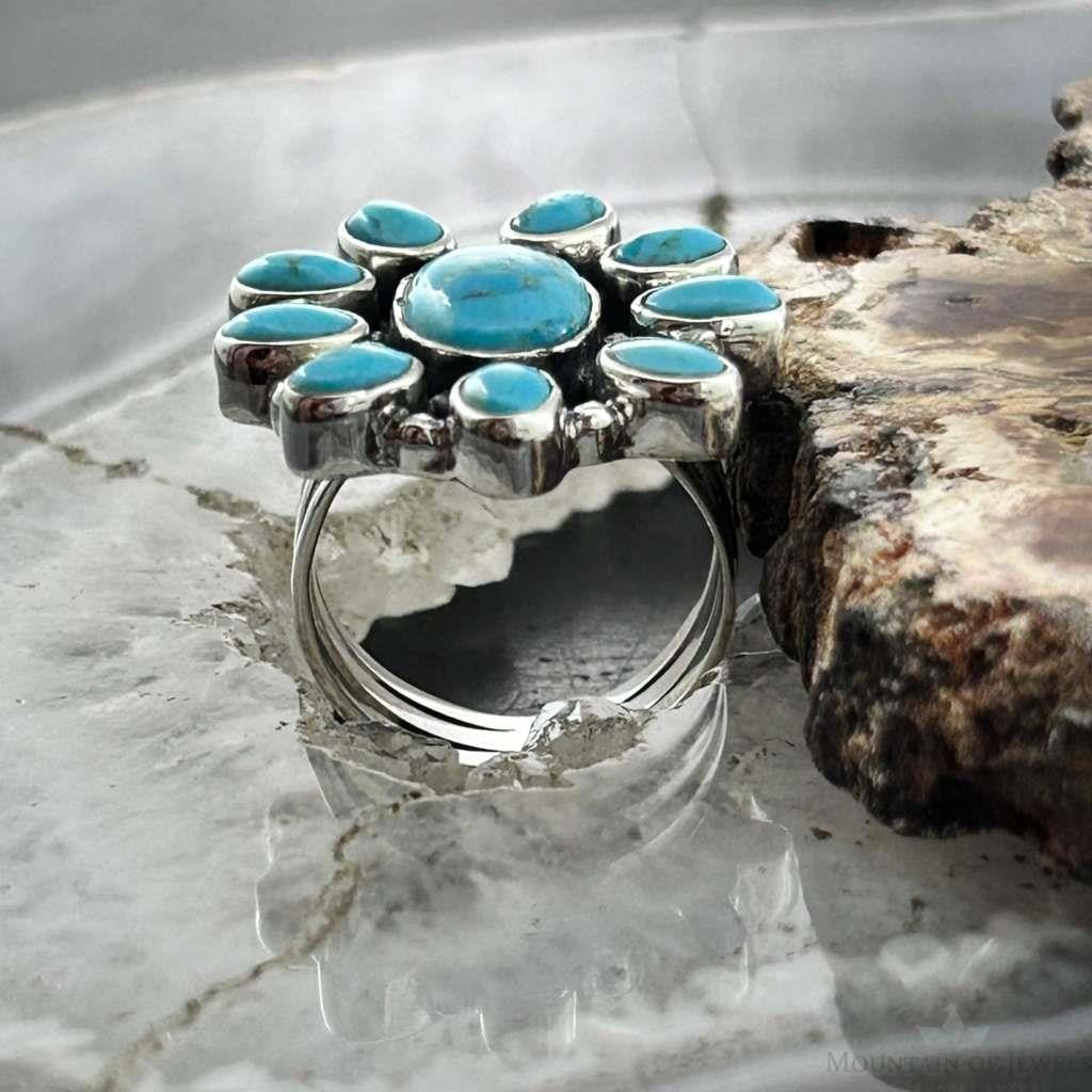 Sterling Silver Southwestern Style Mohave Turquoise Cluster Ring Size 7.5 For Women