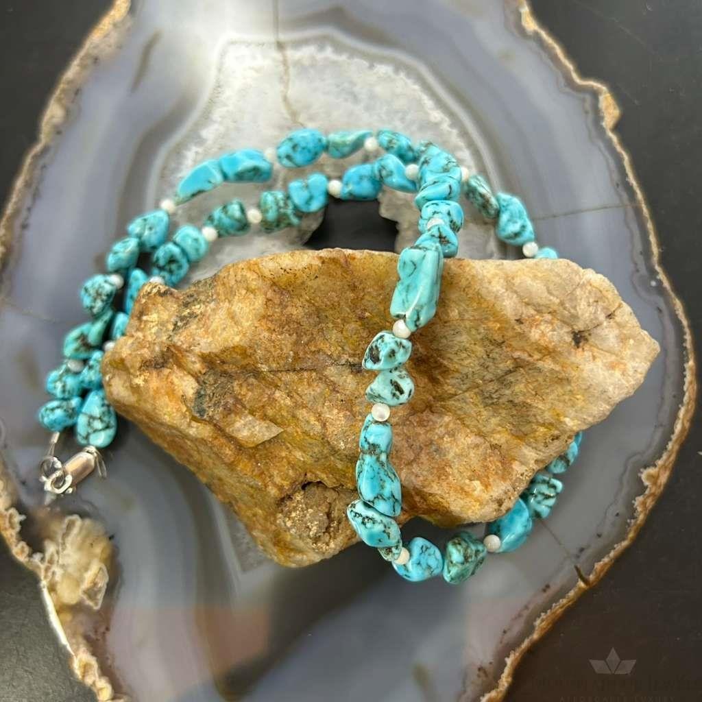 Sterling Silver Natural Turquoise & MOP Beads 18" Necklace For Women