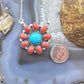 Native American Sterling Silver  Round Turquoise W/Oval Coral Cluster Pendant W/Necklace For Women
