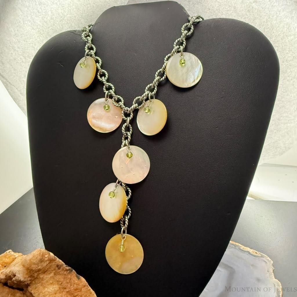 Carolyn Pollack Sterling Silver MOP Disc,Peridot Twisted Link Chain 20" Necklace