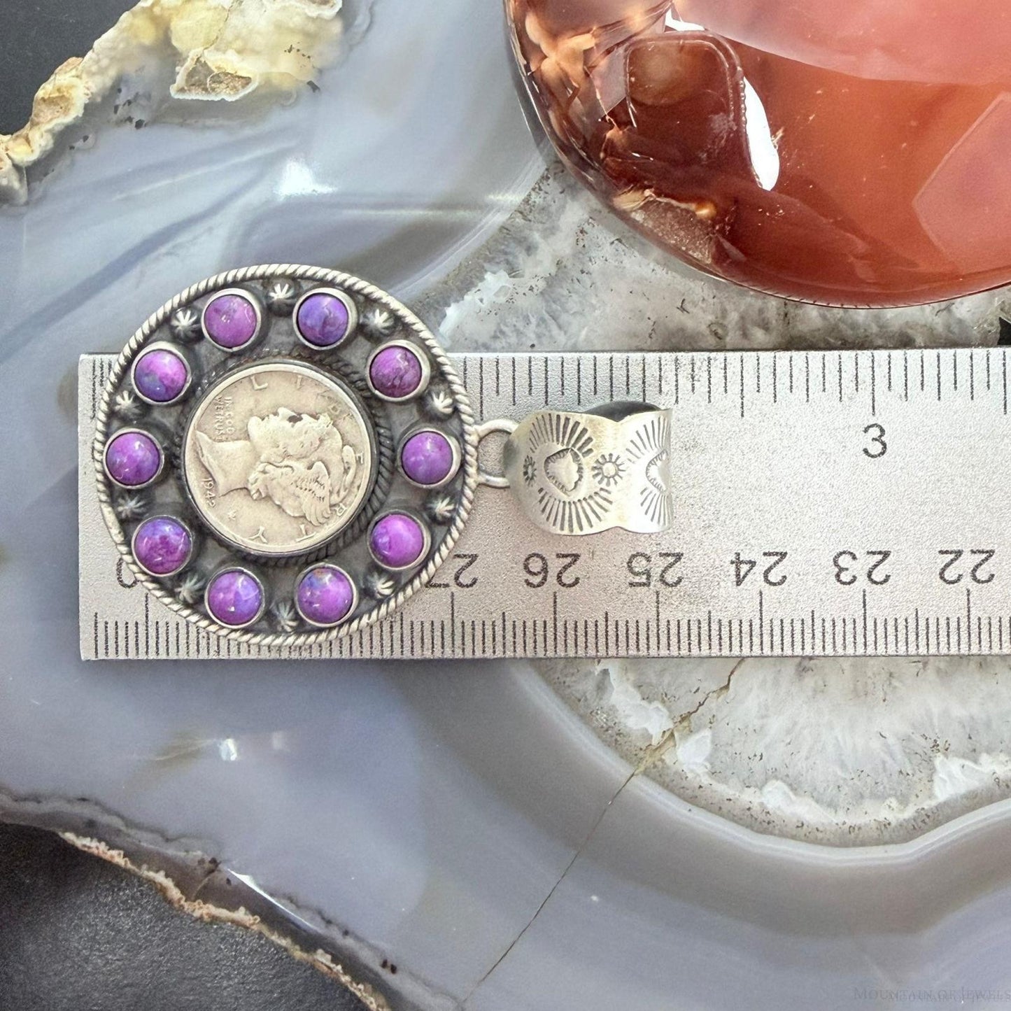 Genuine 1942 90% Silver Mercury Dime Coin w/Purple Dahlia Decorated Unisex Pendant