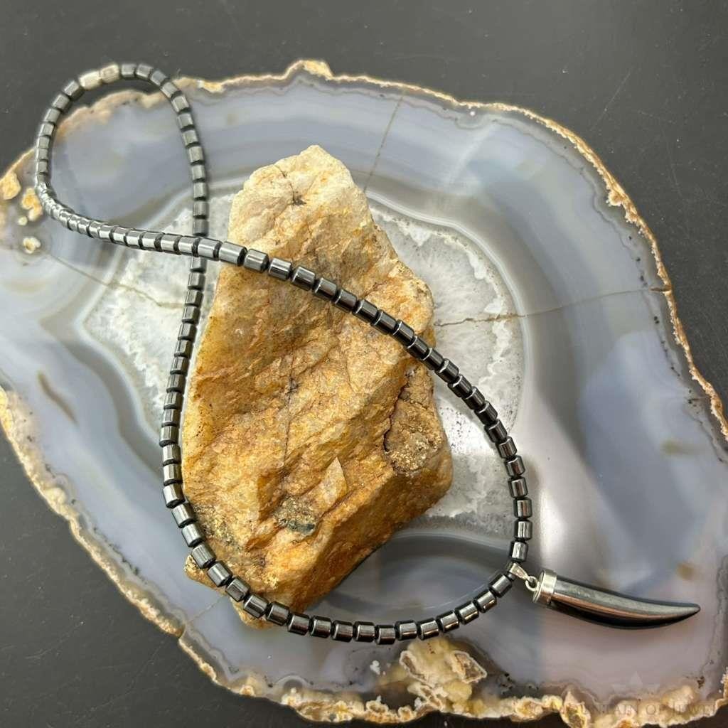 Hematite Beads with Hematite Fang Pendant Unisex 16" Necklace