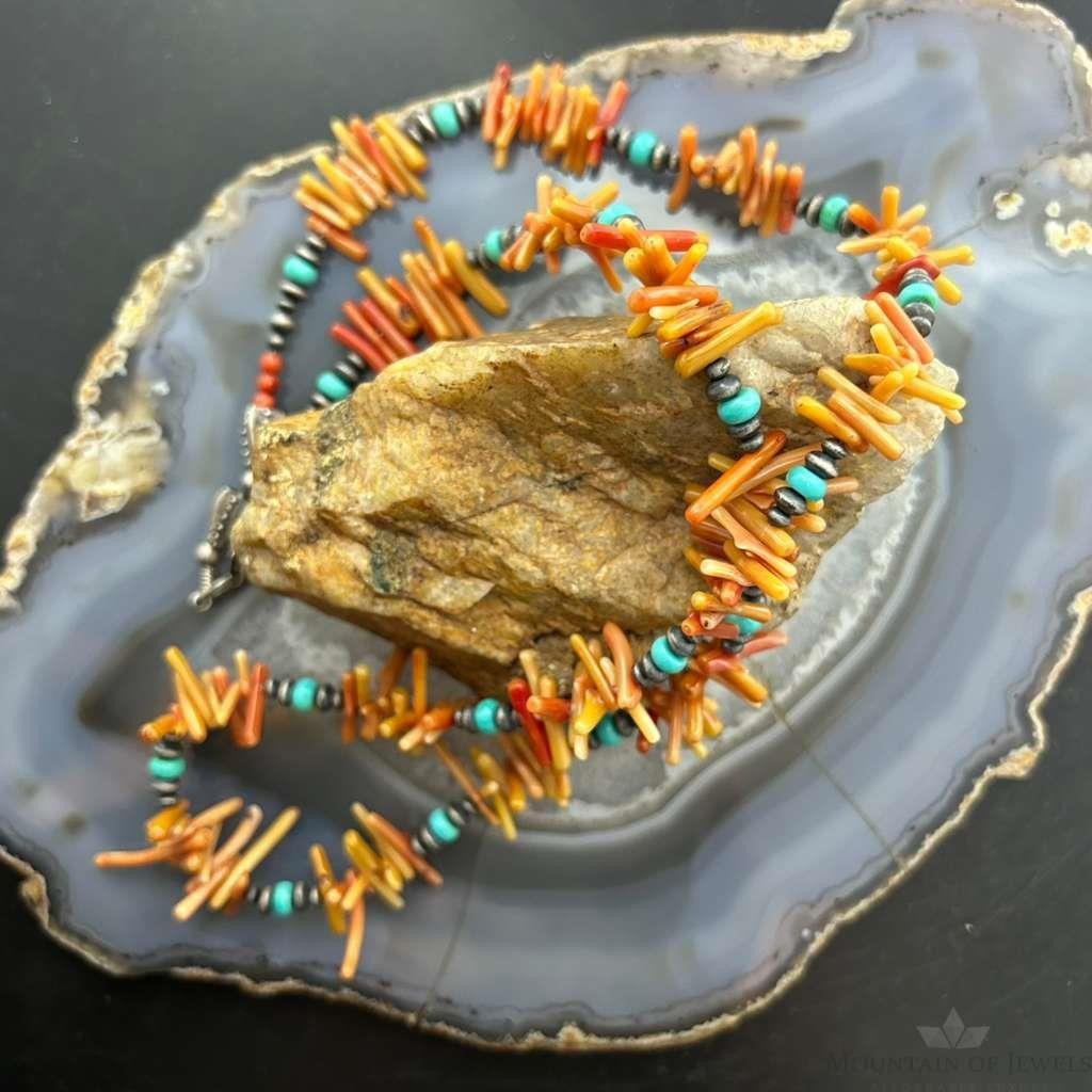 Native American Natural Coral, Turquoise Beads 24" Necklace For Women