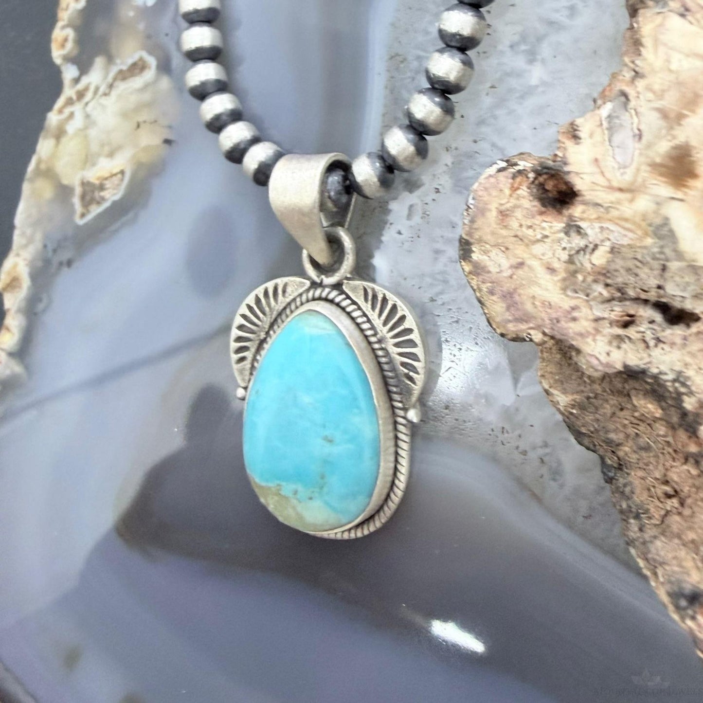 Sterling Silver Southwestern Style Wide Teardrop Kingman Turquoise Decorated Pendant
